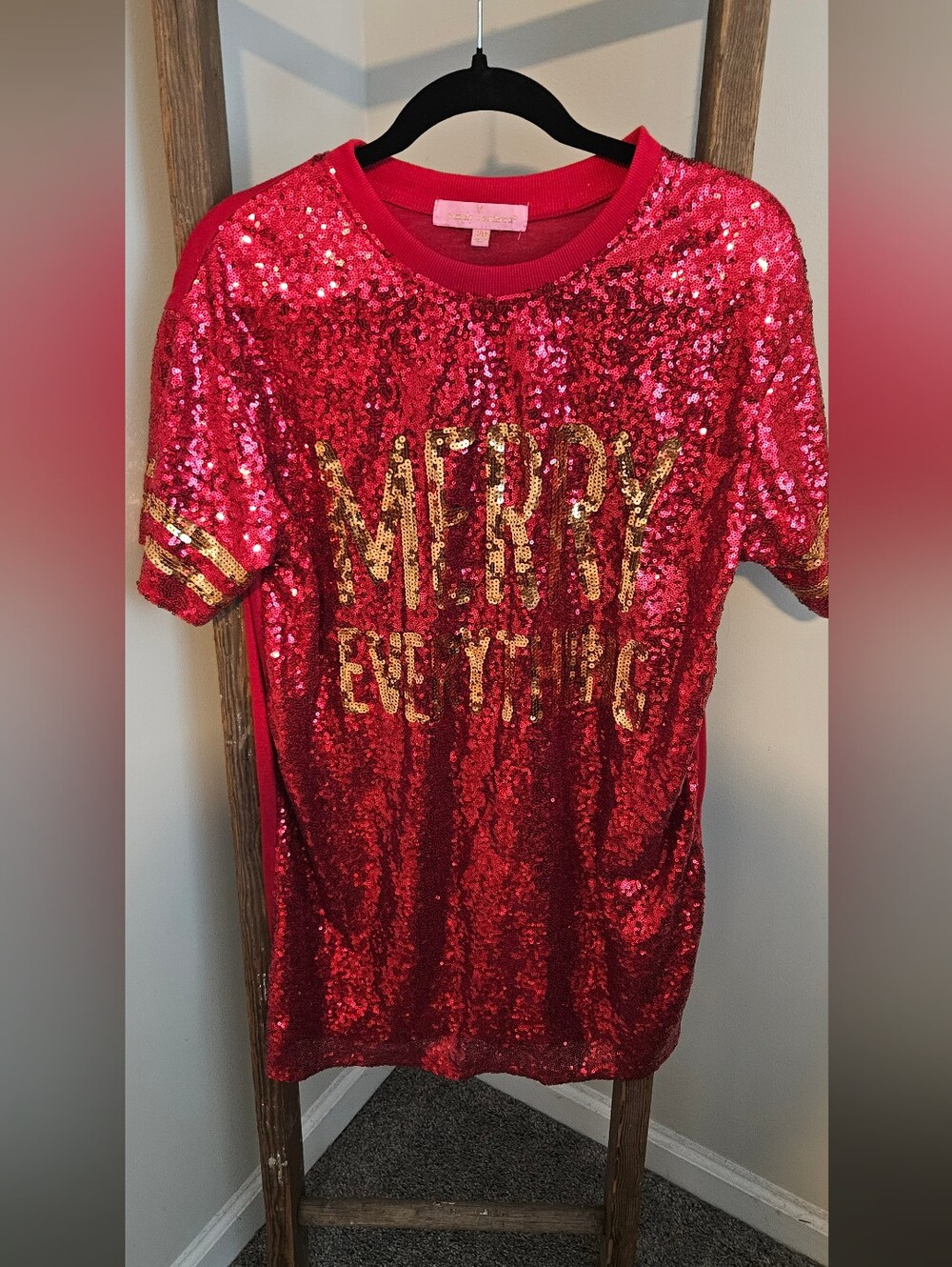 Kids Red Sequin 'Merry Everything' Short Sleeve Top